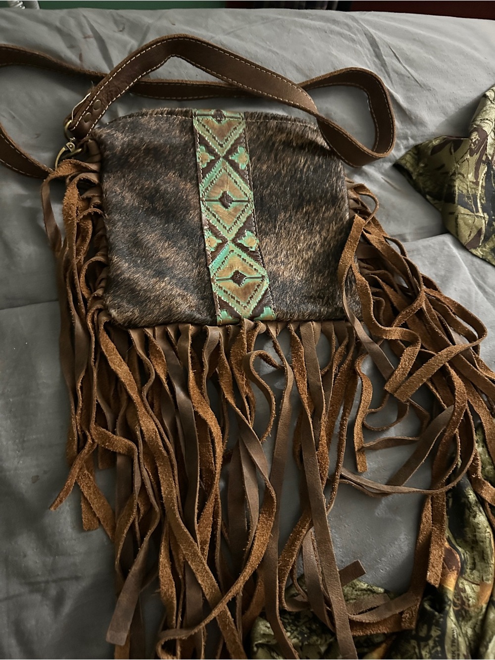 Brown Fringe Crossbody Bag with Turquoise Embroidered Accent
